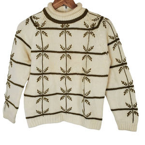 Saks Fifth Avenue Vintage Cream Green Embroidered Zip Back Sweater Womens 36